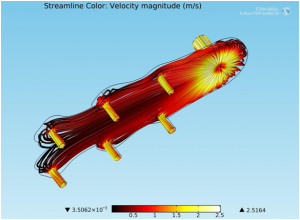 Figure 3: Fluid flow across a cold plate in the Toyota Prius where topology optimization was used to balance the flow rate, and minimize pressure drops.